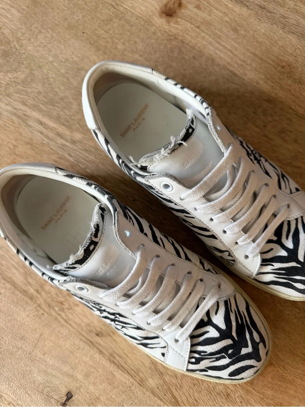 Saint Laurent Paris Zebra Print Lace-Up Sneakers in White and Black